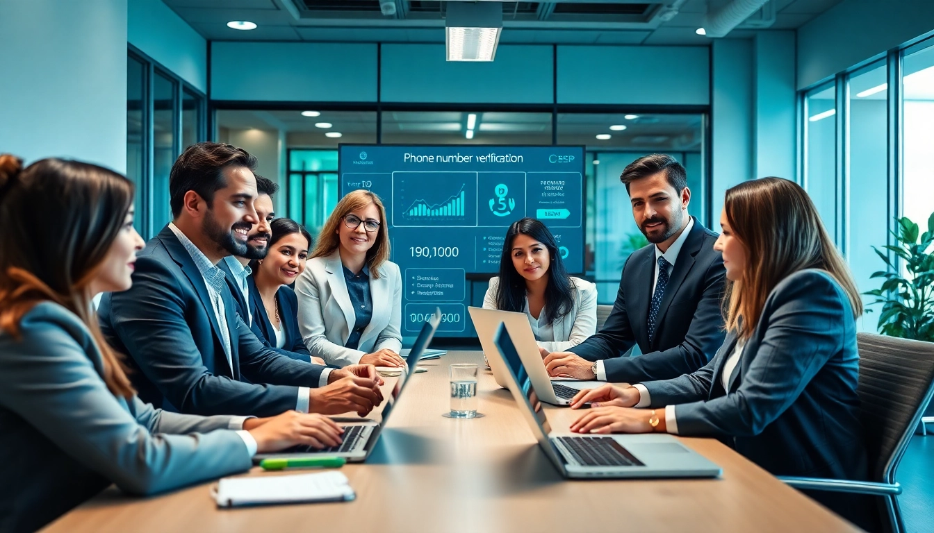 Discussion sur la vérification des numéros de téléphone en ligne entre professionnels divers dans un bureau moderne.