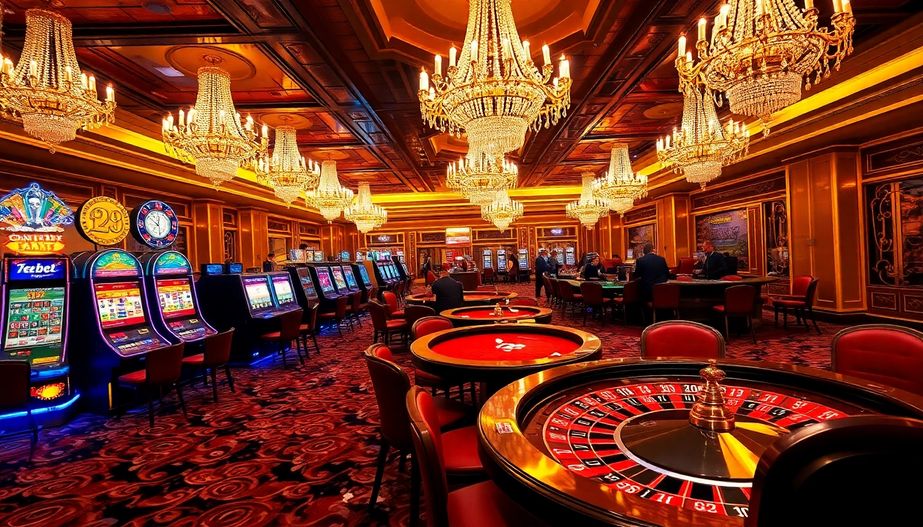 Experience thrilling gameplay with link 12bet on a luxurious casino floor featuring vibrant slot machines.