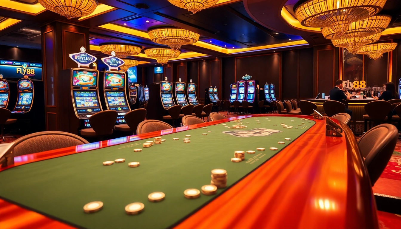 Experience the thrill of winning at FLY88's luxurious casino environment featuring vibrant games and poker chips.