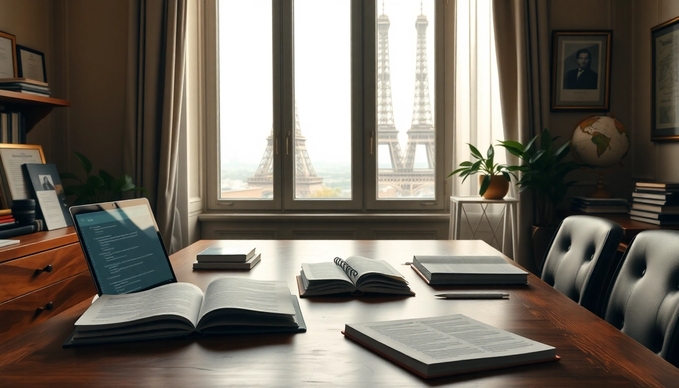 Traducteur assermenté à Paris travaillant dans un bureau élégant avec vue sur la Tour Eiffel