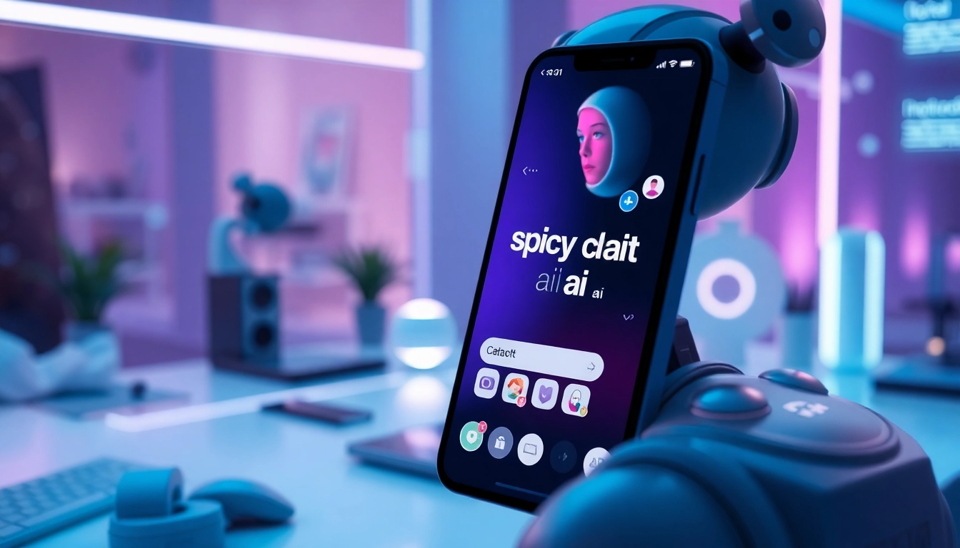 Interactive 'spicy chat ai' app displayed on a futuristic smartphone in a modern workspace.