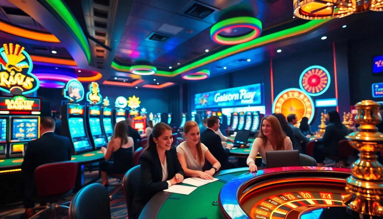 Jouer au casino en ligne francais avec des lumières vives et des joueurs enthousiastes.