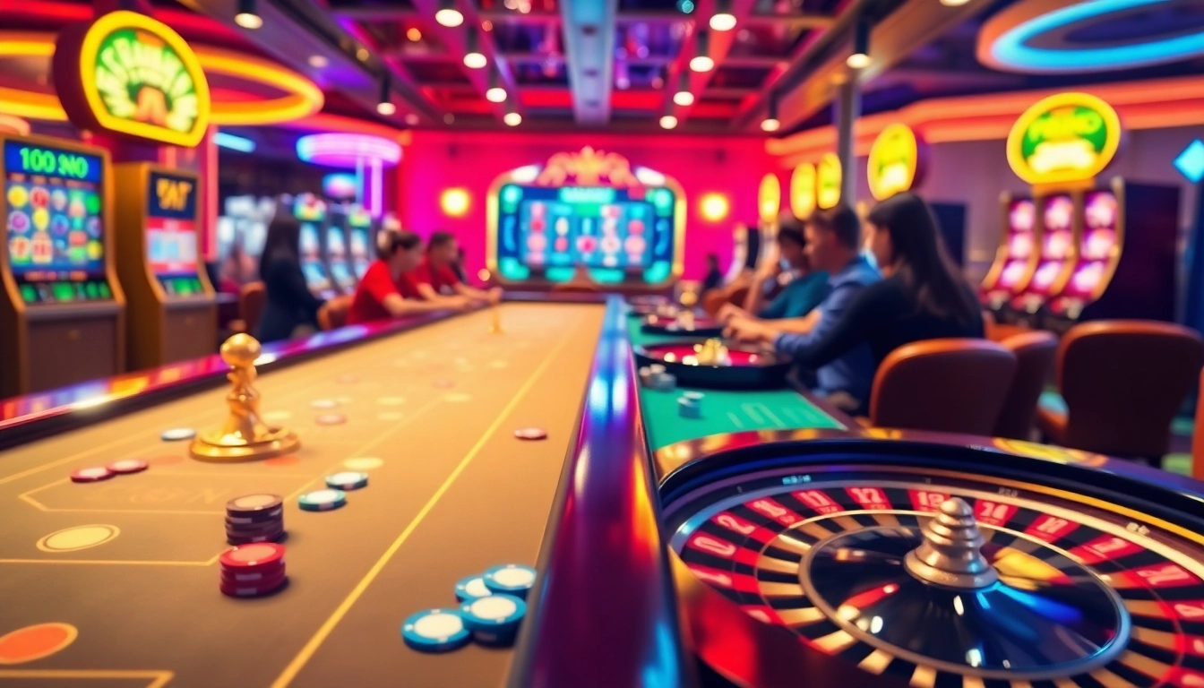 Joueurs célébrant leur victoire dans un casino en ligne avec des machines à sous éblouissantes.