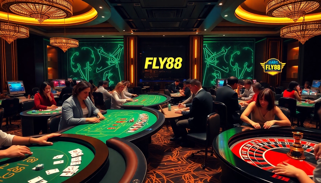 FLY88 players enjoying intense gaming sessions at luxurious casino tables with vibrant action.