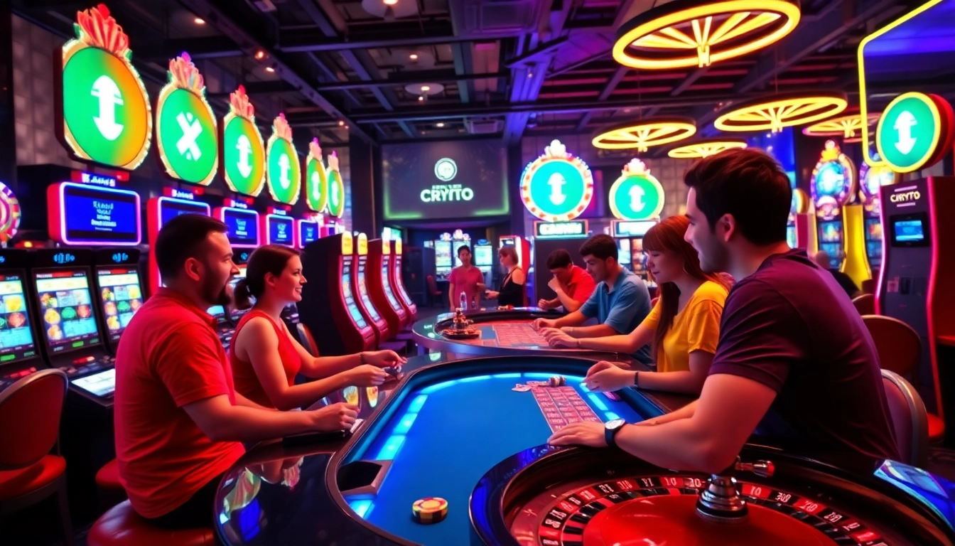 Joueurs enthousiastes jouant à des jeux de casino crypto avec des couleurs vives et une ambiance animée.