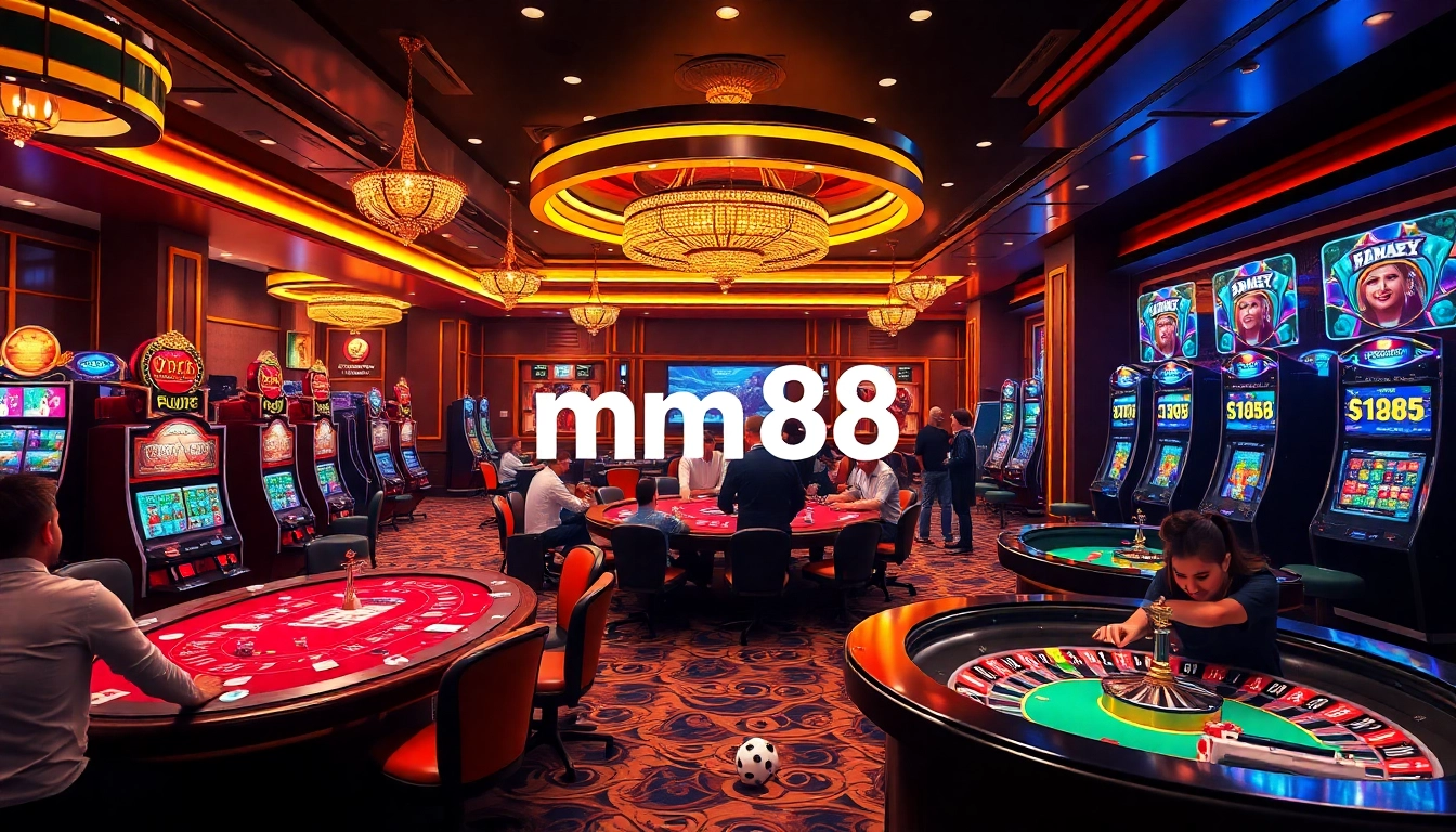 Engaging high-stakes casino scene showcasing mm88 kjc with slot machines, poker tables, and gambling chips.