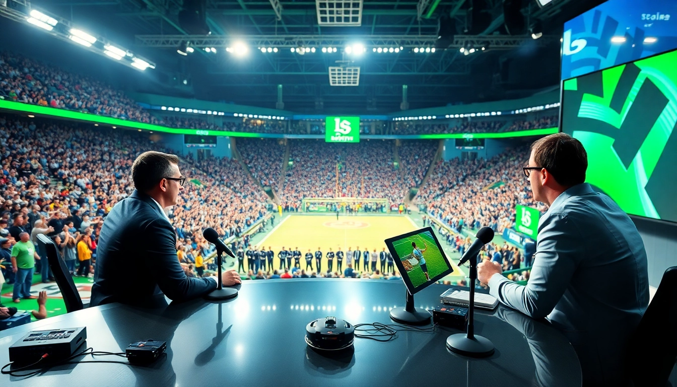 Engaging sports broadcasting atmosphere with announcers at a live sports event.