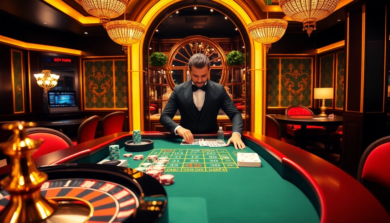 The action at the meilleur casino live francais showcasing a professional croupier with vibrant gaming elements.
