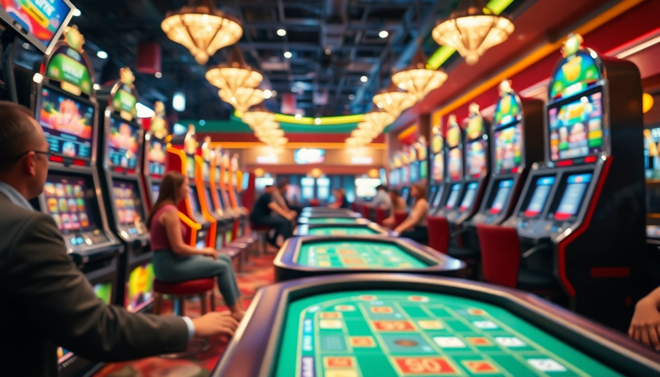 Jouer à casino en ligne avec des machines à sous colorées et des tables de blackjack.