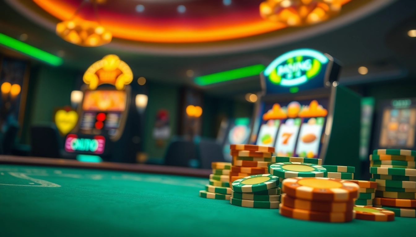 Vibrant casino scene showcasing meilleur crypto casino with glowing slot machine and colorful chips.