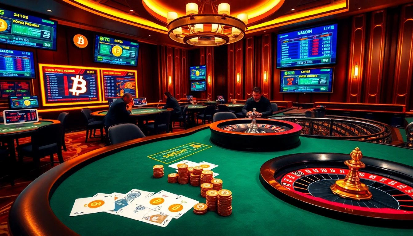 Scène captivante de joueurs élaborant des stratégies dans un casino BTC luxueux, avec des jetons de poker et une roulette.